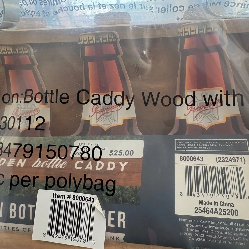 Hammer & Axe 6 Bottle Wood Caddy with Metal Opener